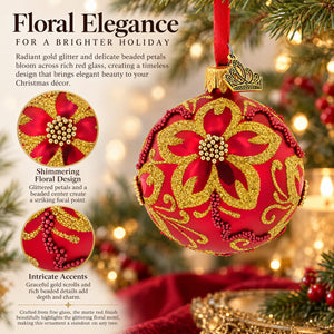 Gold Glitter Floral Scrolls and Beaded Petals on Red Glass Ball Christmas Ornament