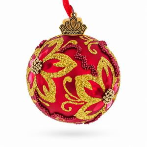 Gold Glitter Floral Scrolls and Beaded Petals on Red Glass Ball Christmas Ornament