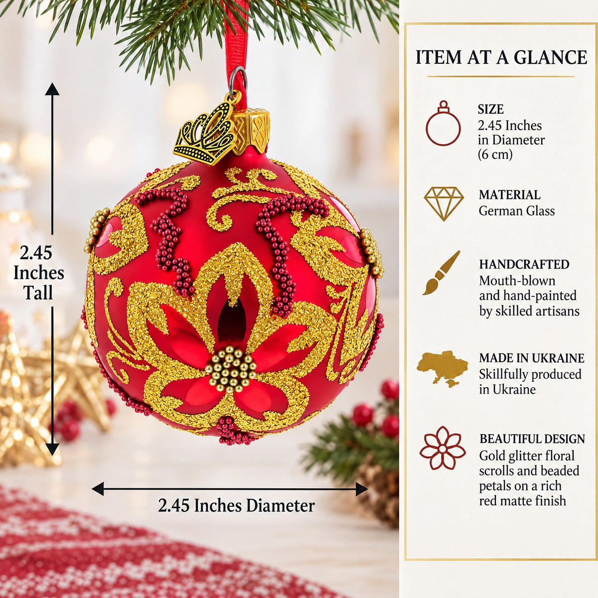 Gold Glitter Floral Scrolls and Beaded Petals on Red Glass Ball Christmas Ornament