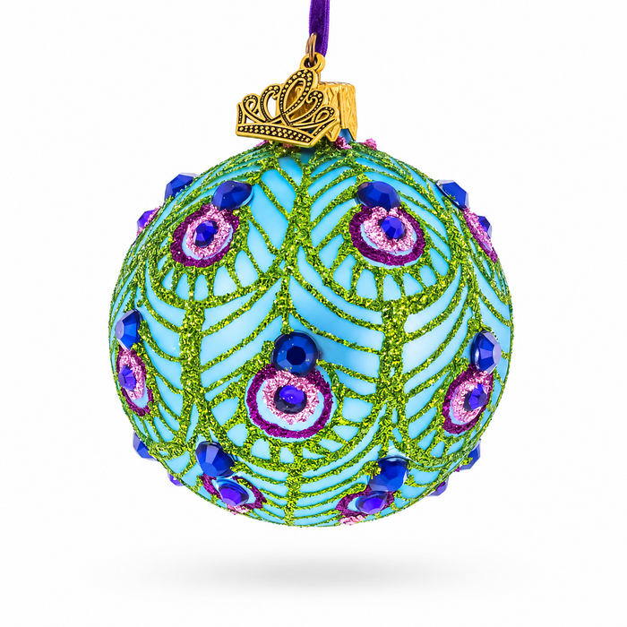 Blue Ball with Glittered Peacock Feather Design Glass Ball Christmas Ornament