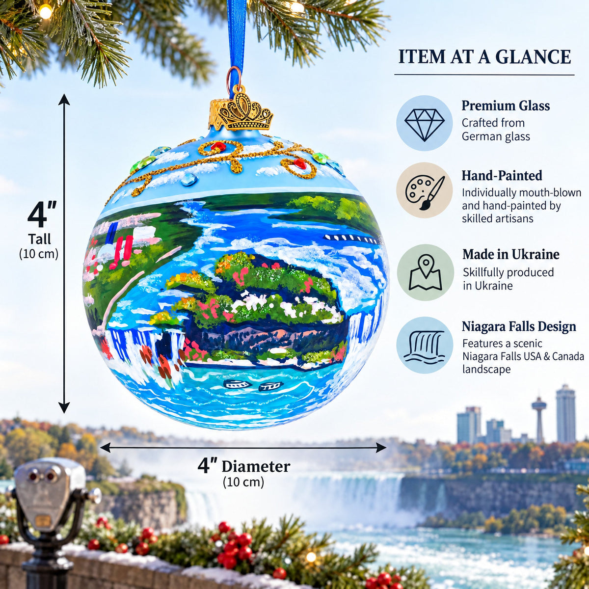 Niagara Falls USA Canada Glass Ball Christmas Ornament 4 Inches