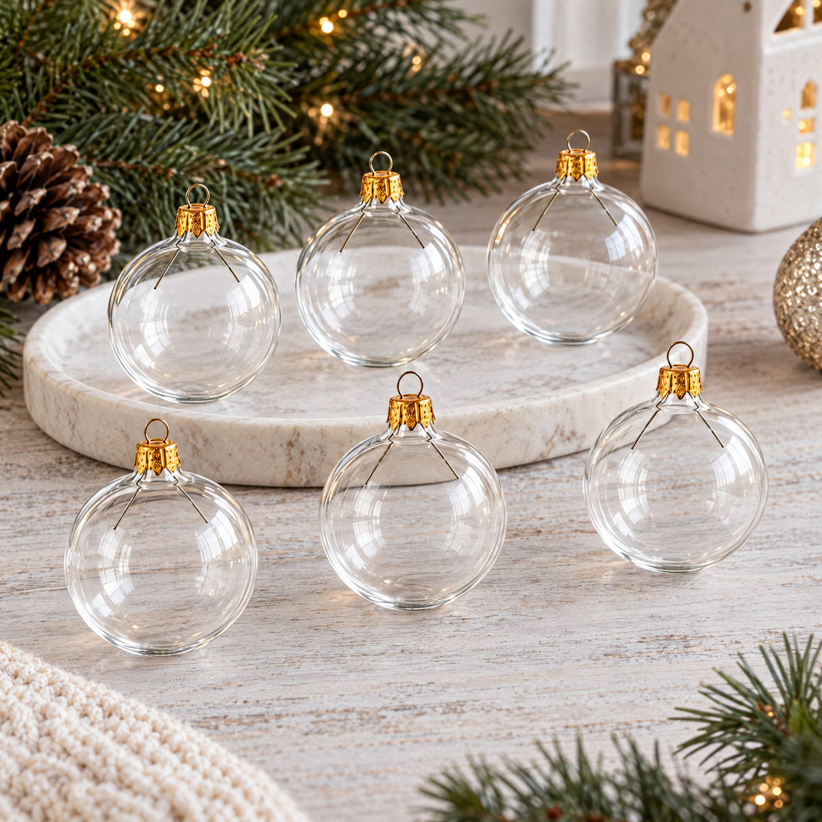 Set of 6 Clear Glass Ball Christmas Ornaments 2.4 Inches
