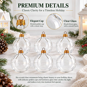 Set of 6 Clear Glass Ball Christmas Ornaments 2.4 Inches