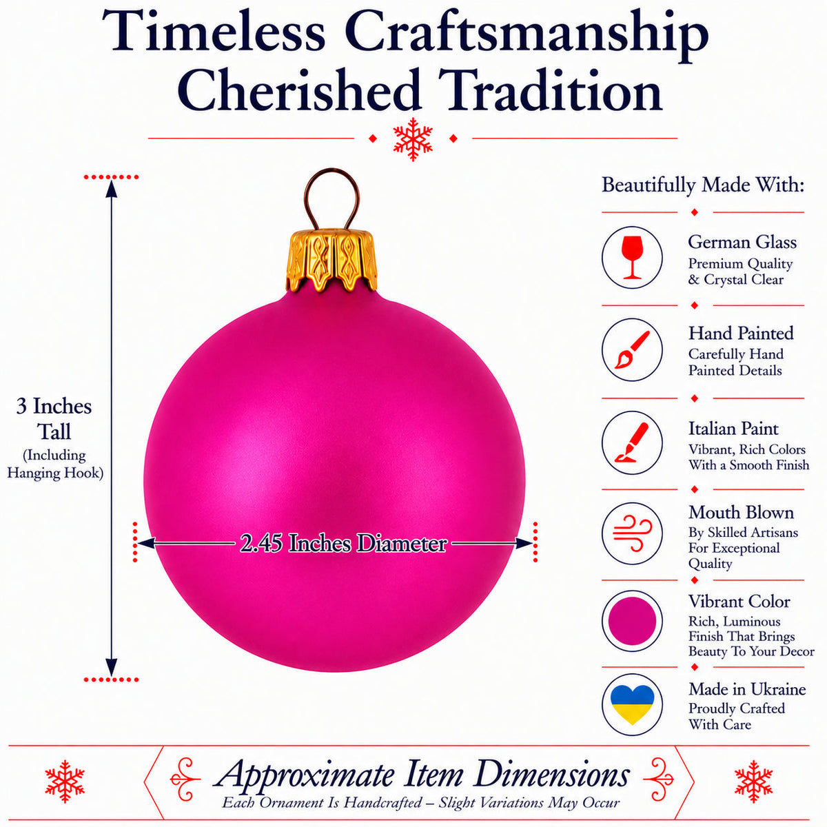 Set of 6 Matte Pink Glass Ball Christmas Ornaments 2.4 Inches