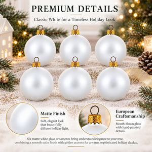 Set of 6 Matte White Glass Ball Christmas Ornaments 2.4 Inches