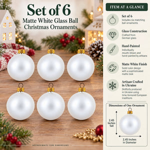 Set of 6 Matte White Glass Ball Christmas Ornaments 2.4 Inches