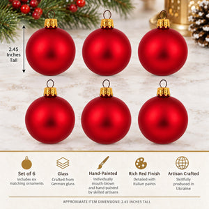 Set of 6 Matte Red Glass Ball Christmas Ornaments 2.4 Inches