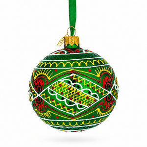 Green Geometric Ukrainian Glass Ball Christmas Ornament 3.15 Inches