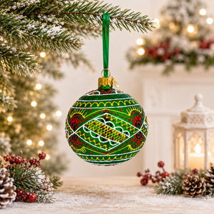 Green Geometric Ukrainian Glass Ball Christmas Ornament 3.15 Inches