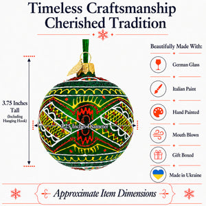 Green Geometric Ukrainian Glass Ball Christmas Ornament 3.15 Inches