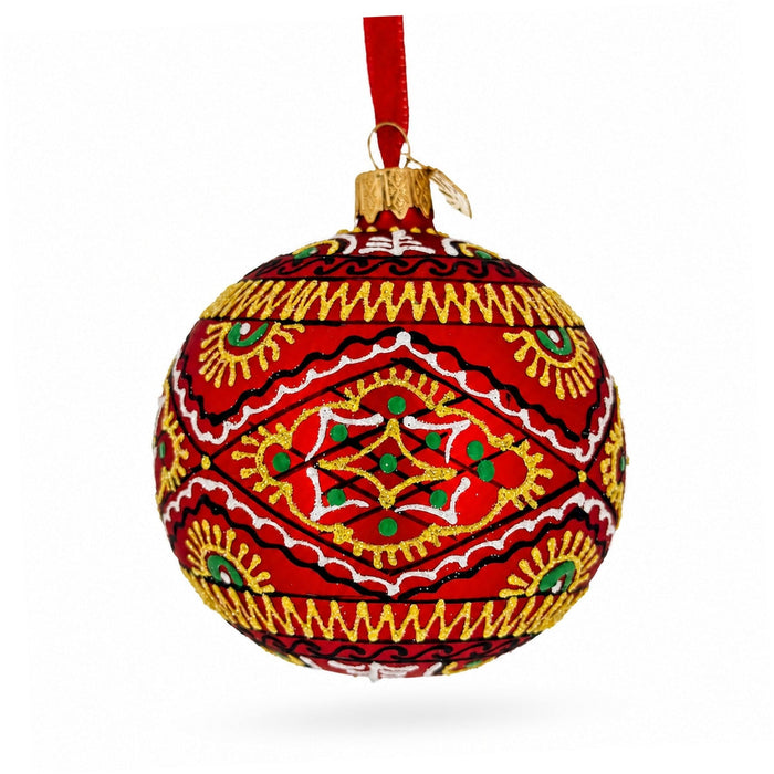 Red Geometric Ukrainian Egg Glass Christmas Ornament 3.15 Inches