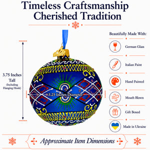 Blue Geometric Ukrainian Glass Ball Christmas Ornament 3.25 Inches