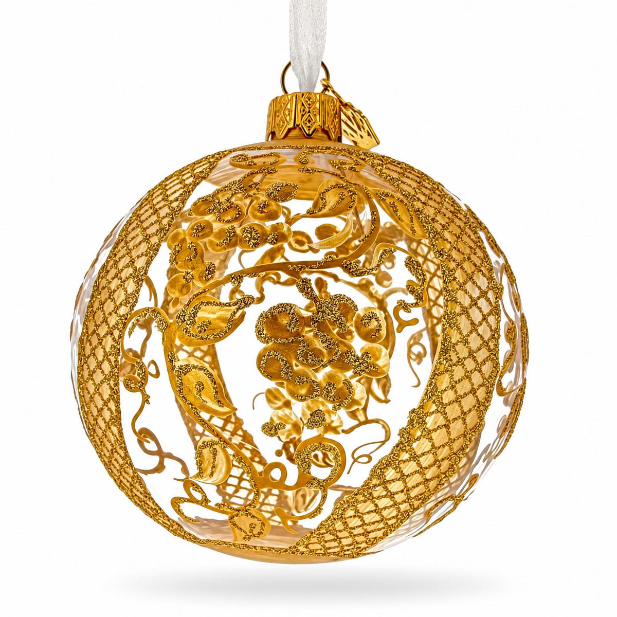 Golden Floral Lattice Clear Glass Ball Christmas Ornament