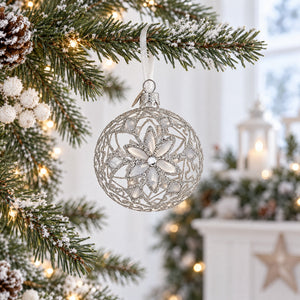 Silver Filigree Floral Design Glass Ball Christmas Ornament