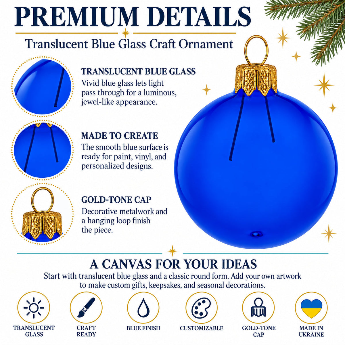 Set of 6 Translucent Glossy Blue Glass Ball Christmas Ornaments 2. (026)