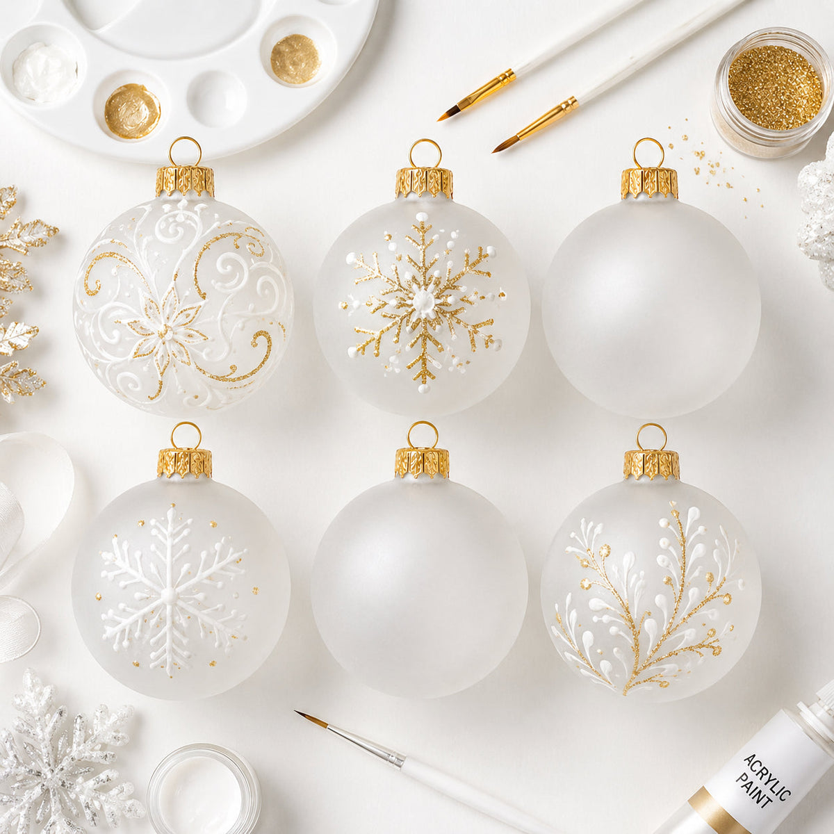 Set of 6 Translucent White Glass Ball Christmas Ornaments (033)