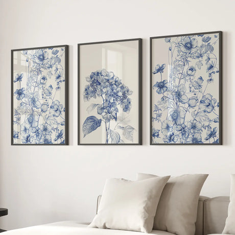 Chinoiserie Blue Flowers Watercolor Poster Decor