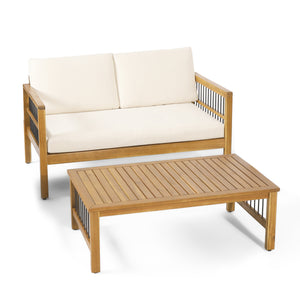 Outdoor Acacia Wood and Iron Loveseat and Coffee Table Set with Cushions, Teak