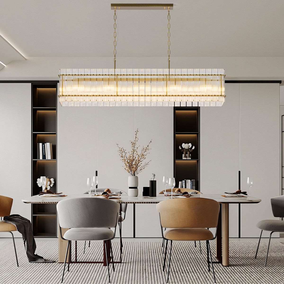 LIGHTING COMMUNE Modern Rectangular Crystal Glass 10-Light Chandelier with Adjustable Height