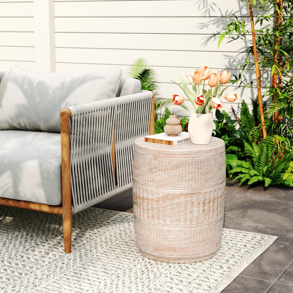 Lightweight Concrete Side Table with Travertine Finish - view 3