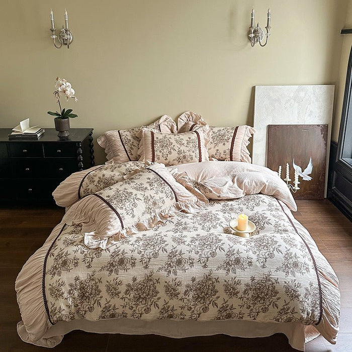 Ever Lasting Lillian Retro Floral Ruffle Bedding Set in Brown