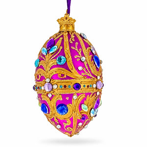 Magenta Purple Jeweled Glitter Scrollwork Glass Egg Christmas Ornament