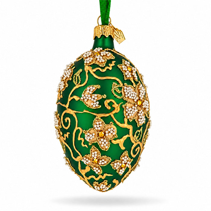 Green Jeweled Glitter Scrollwork Glass Egg Christmas Ornament