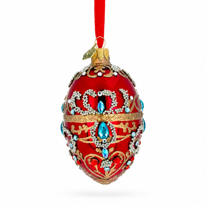 Red Jeweled Glitter Scrollwork Glass Egg Christmas Ornament