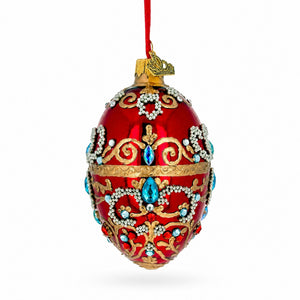 Red Jeweled Glitter Scrollwork Glass Egg Christmas Ornament