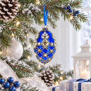 Blue Jeweled Floral Glass Egg Christmas Ornament
