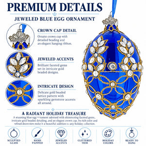 Blue Jeweled Floral Glass Egg Christmas Ornament