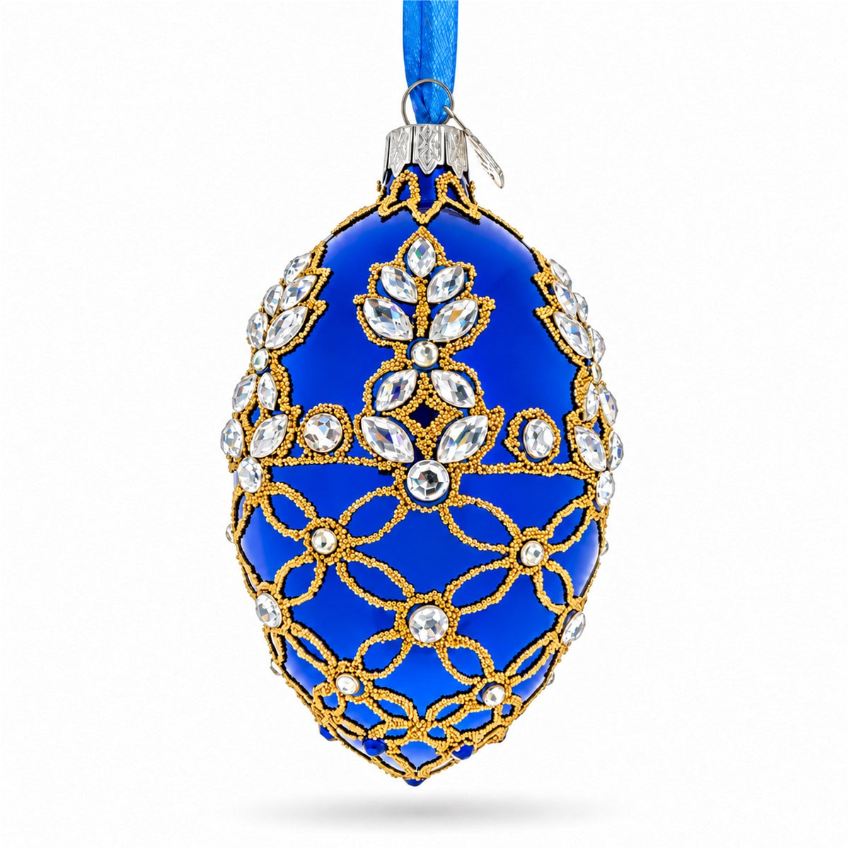 Blue Jeweled Floral Glass Egg Christmas Ornament