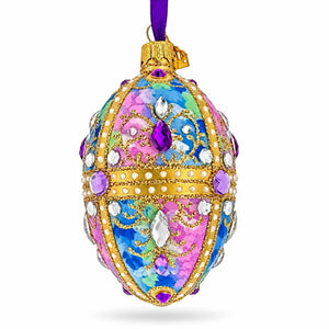 Blue and Purple Jeweled Glitter Scrollwork Glass Egg Christmas Ornament