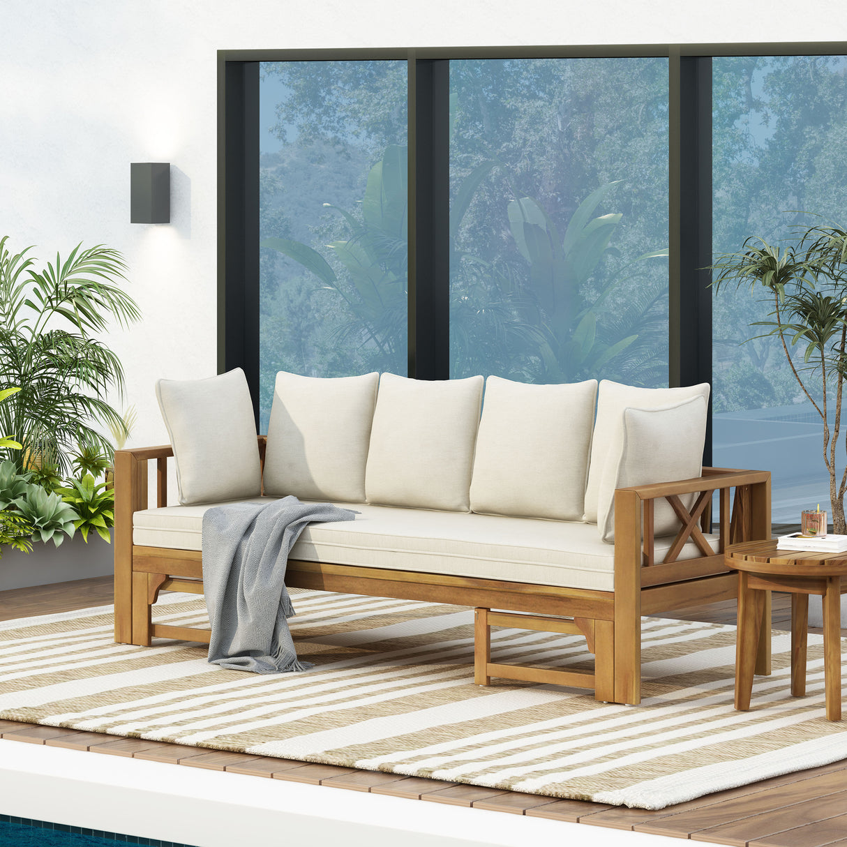 Outdoor Extendable Acacia Wood 3 Seater Sofa