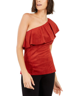 INC International Concepts Women's Faux-Suede One-Shoulder Ruffled Top Medium Red Size Medium