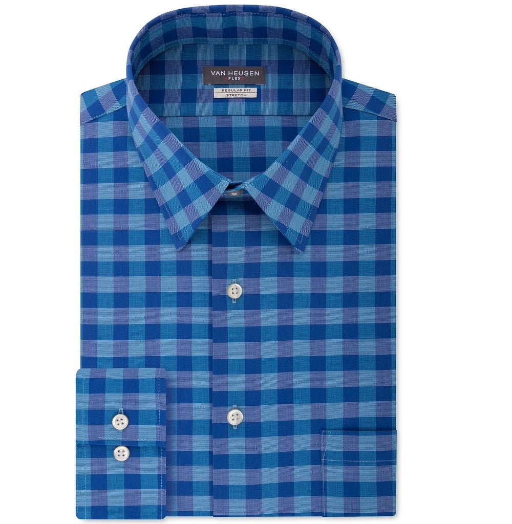 Van Heusen Men's Fit Flex Collar Check Dress Shirt Aqua Size 16-36-37