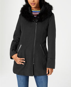Maralyn & Me Juniors' Faux-Fur-Trim Hooded Coat Black Size Small