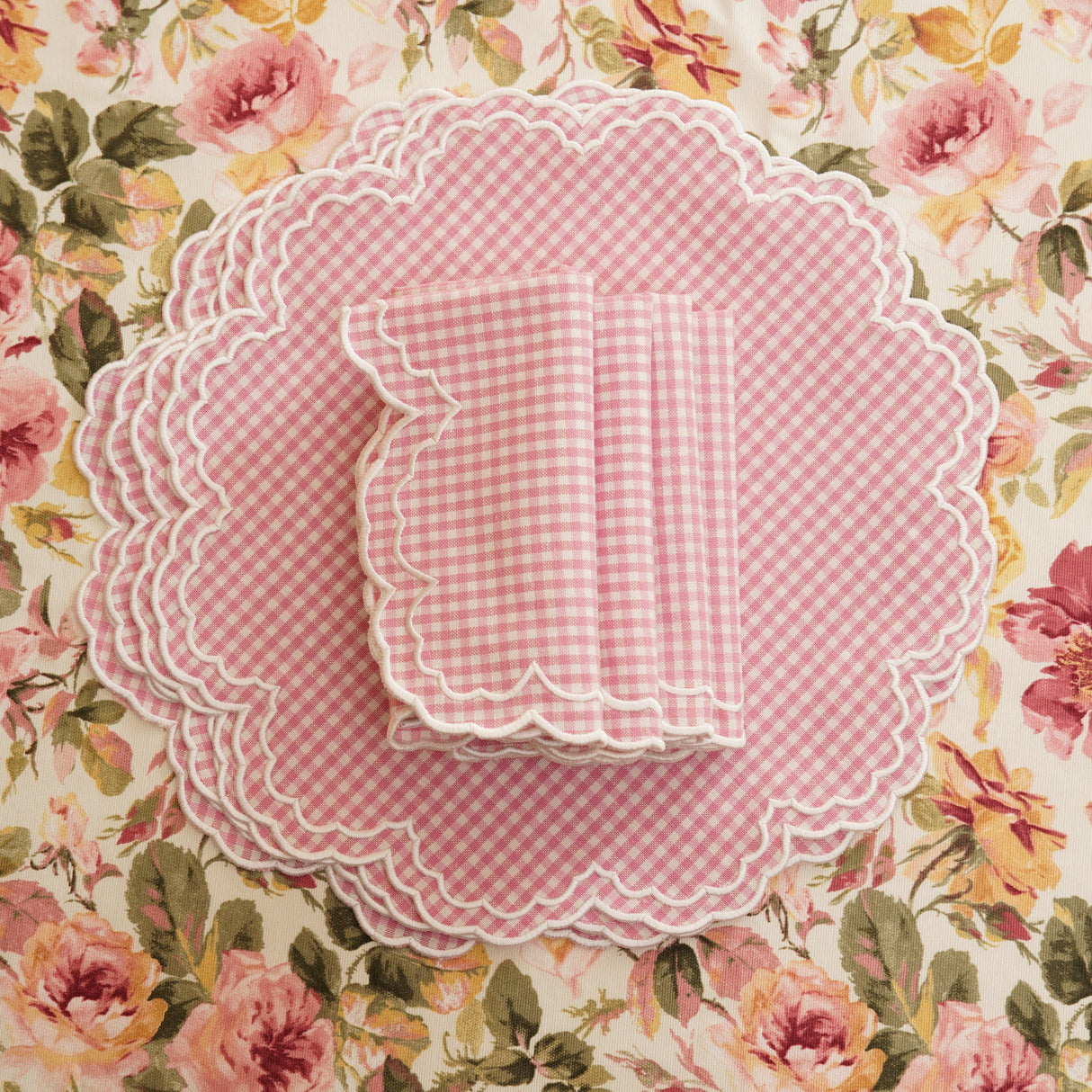 MAGNOLIA GINGHAM PINK WHITE TRIM FABRIC PLACEMAT NAPKIN SET