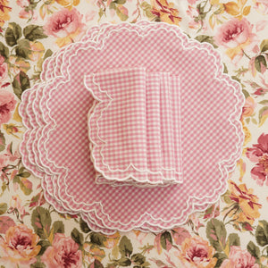 MAGNOLIA GINGHAM PINK WHITE TRIM FABRIC PLACEMAT NAPKIN SET