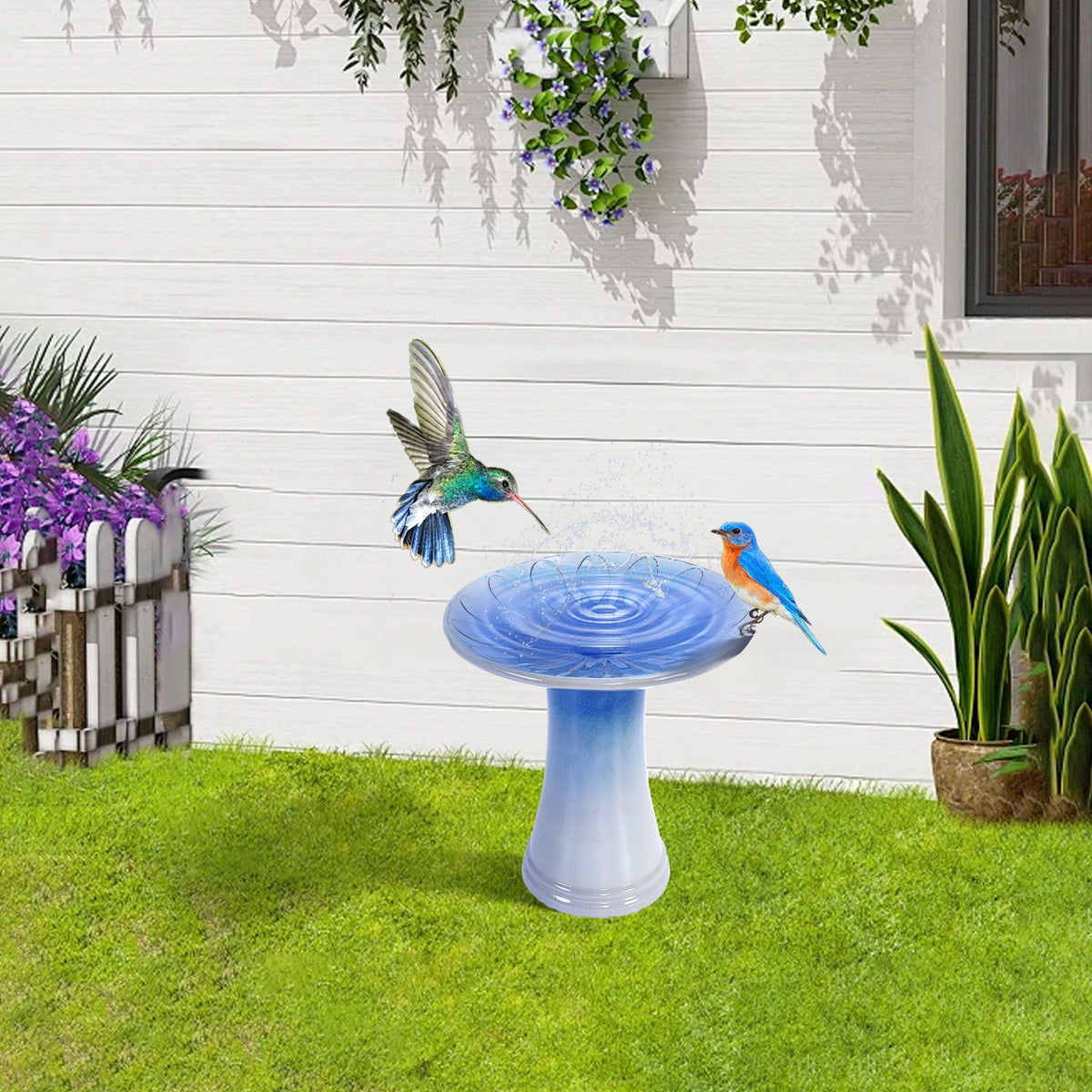 MDJ Pottery Blue Gray Ceramic Birdbath with Weather-Resistant Finish - view 4