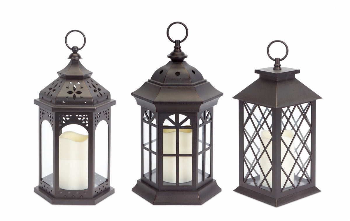 Melrose International Assorted lanterns with led candle (set of 3) in Brown