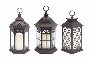Melrose International Assorted lanterns with led candle (set of 3) in Brown