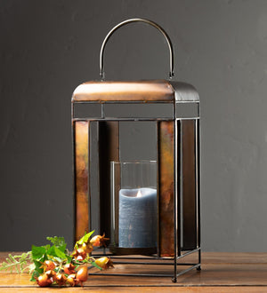 Melrose International Brozne Metal Candle Holder with Amber Glass Panes and Hurricane 13.5"H