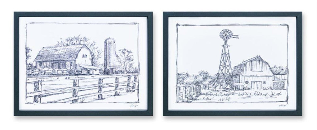Melrose International Framed Sketch Art Barn Print (Set of 2) in Black