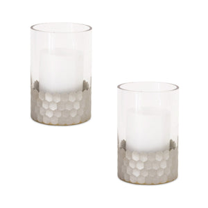 Melrose International Glass Hurricane Candle Holder with Honeycomb (Set of 2) in Gray