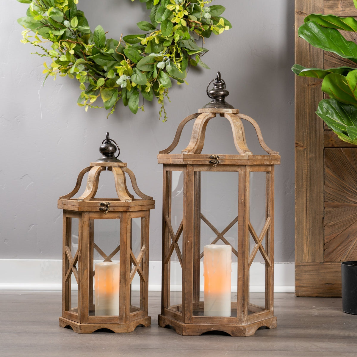 Melrose International Natural Wood Hexagon Lantern with Curved Top (Set of 2)