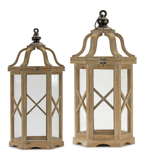 Melrose International Natural Wood Hexagon Lantern with Curved Top (Set of 2) in Brown