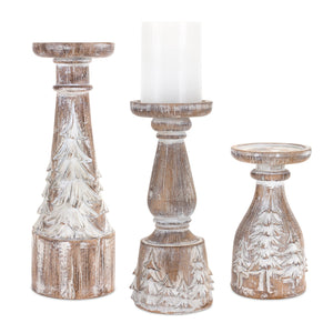 Melrose International White washed carved pine tree design candle holder (set of 3) in Brown