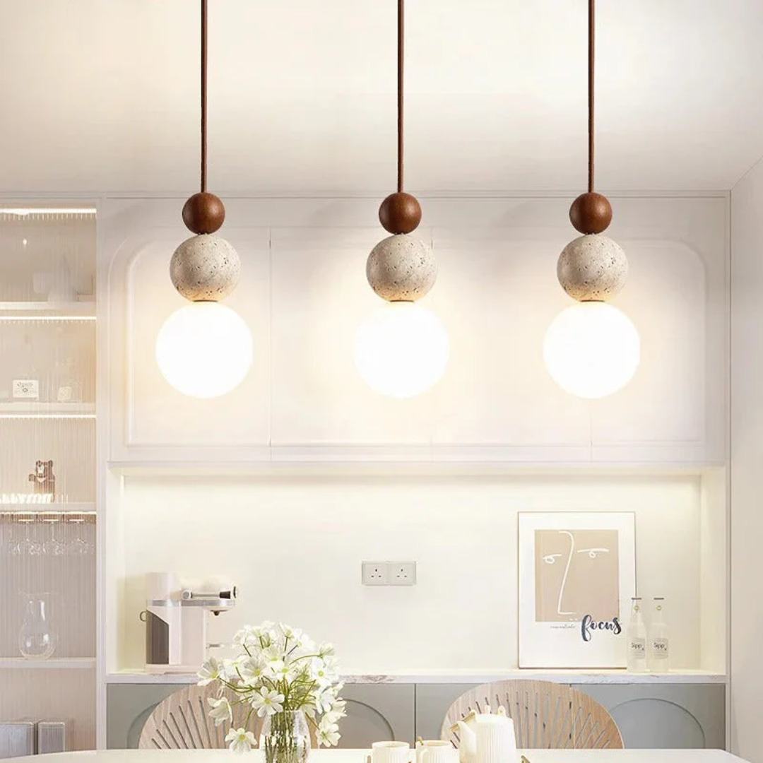 Travertine Wood Pendant Light G9 Modern Natural Ceiling Lamp 23cm