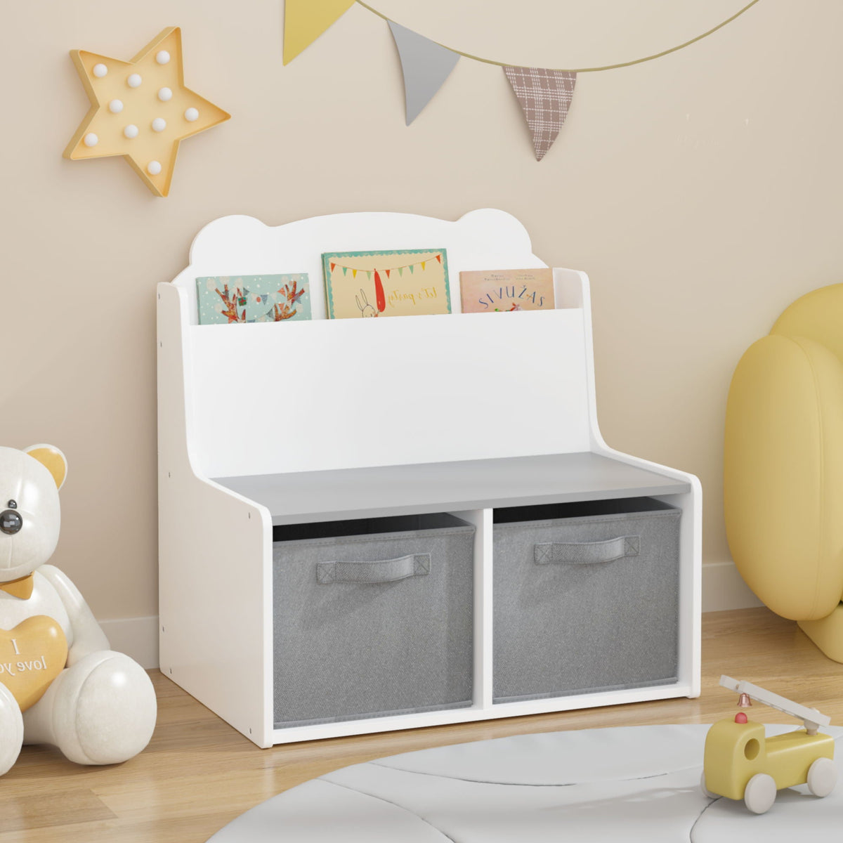 MOONRIVER White Bookshelf With Storage Bins and Bear-Shaped Backboard - view 3